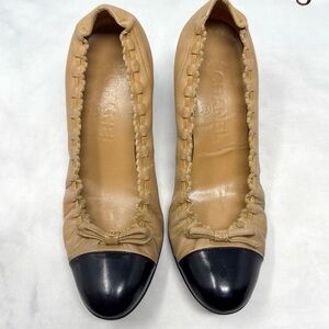 CHANEL CC CoCo Mark Bow Leather Low Mid Cap Toe Kitten Heal Tan and Black 35.5